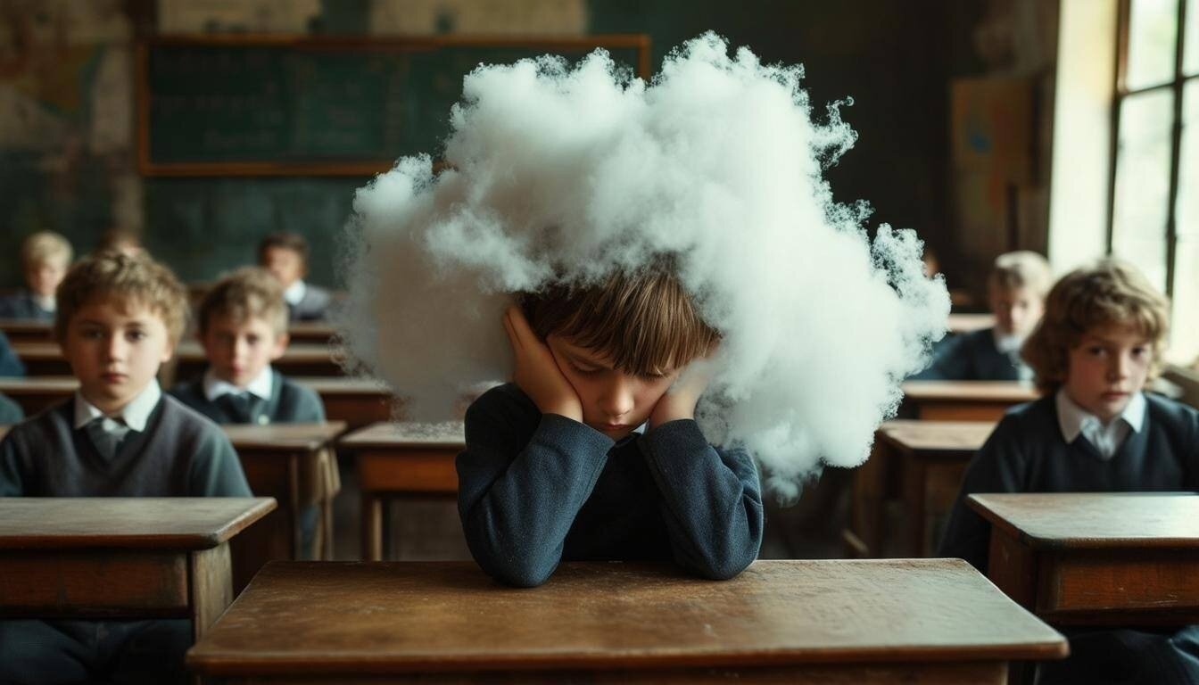 photo of a little boy in school attire is sitting in a small school desk in the middle of an old-style classroom. He is sitting looking down with his 